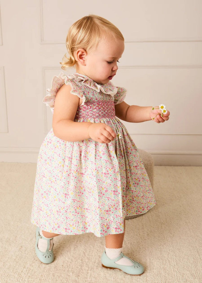 Adelaide Floral Hand Smocked Ruffle Collar Cap Sleeve Dress in Pink (12mths-6yrs)