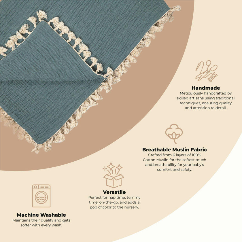 6-Layer Cotton Muslin Baby Blanket (Riverstone Blue)