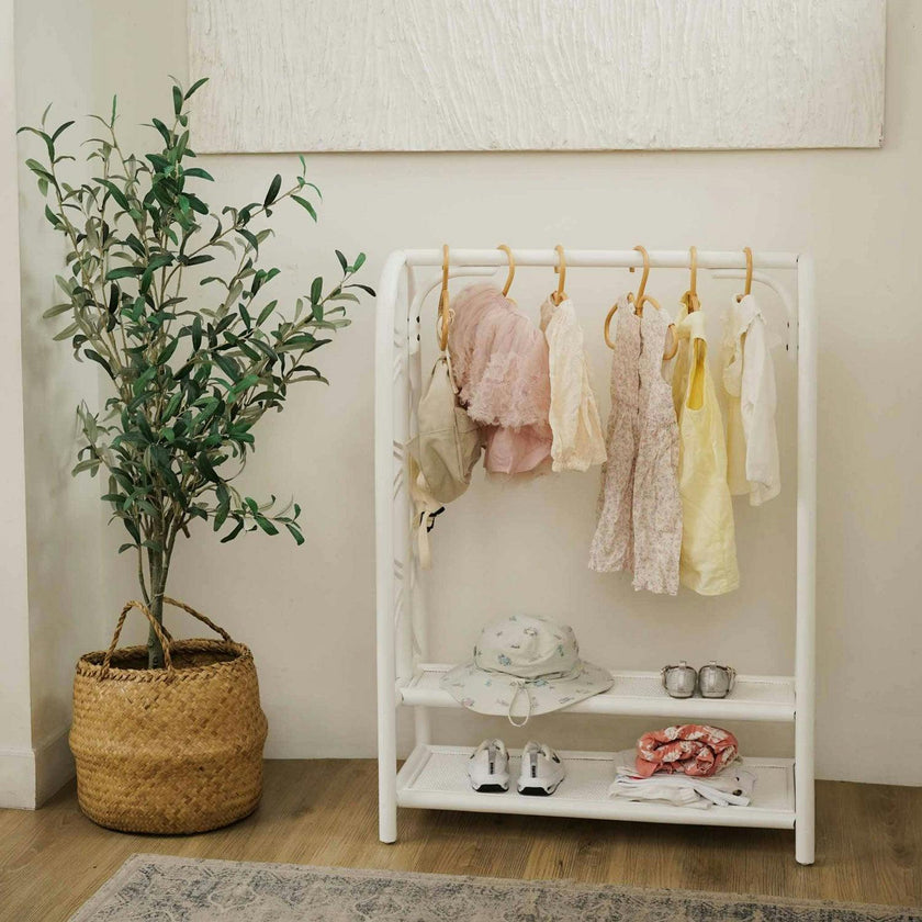 Handcrafted - Belle Kids Montessori Clothing Rack (White) - Rattan Wicker