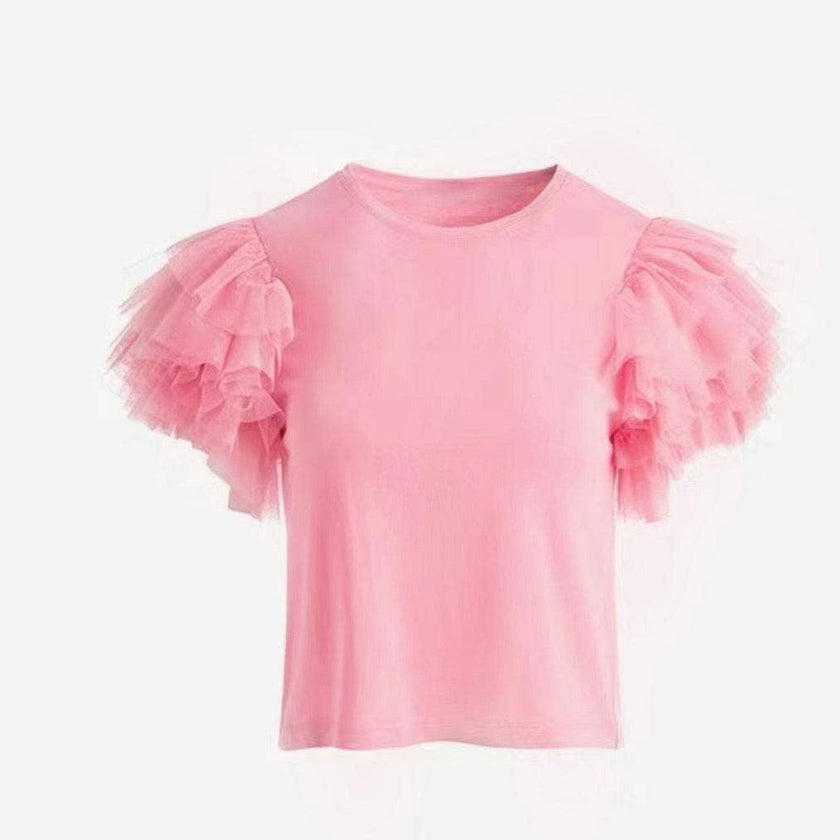 Tulle Layered Ruffle Sleeve Crew Neck Tee