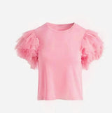 Tulle Layered Ruffle Sleeve Crew Neck Tee