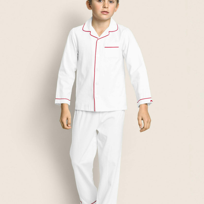 Kid's Twill Pajama Set in White with Red Piping