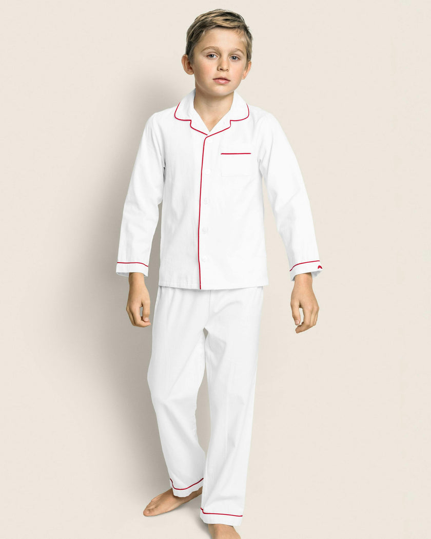 Kid's Twill Pajama Set in White with Red Piping