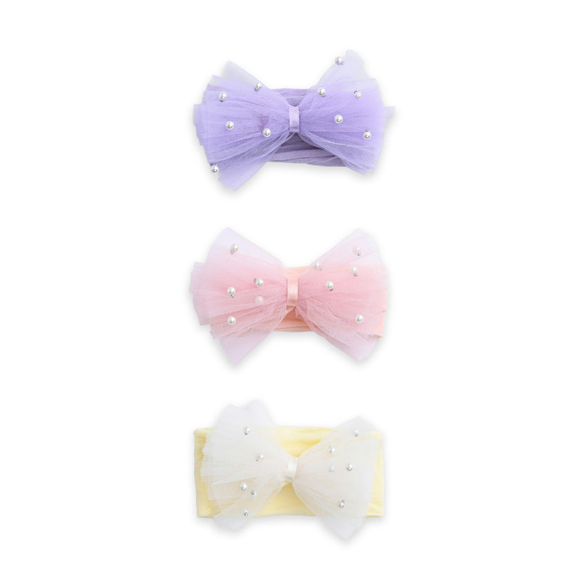 Multicolor Elastic Tulle Pearl Bow Headband Set