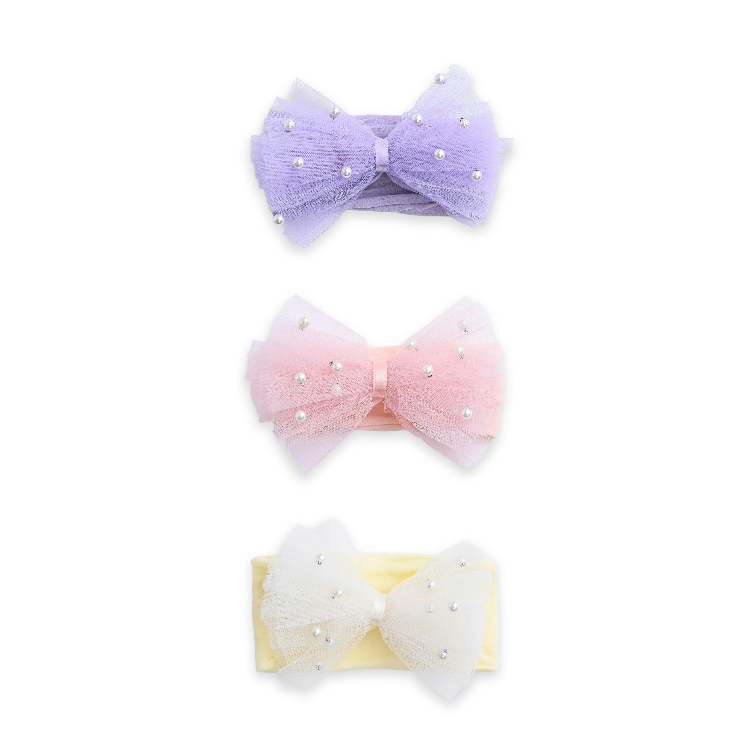 Multicolor Elastic Tulle Pearl Bow Headband Set
