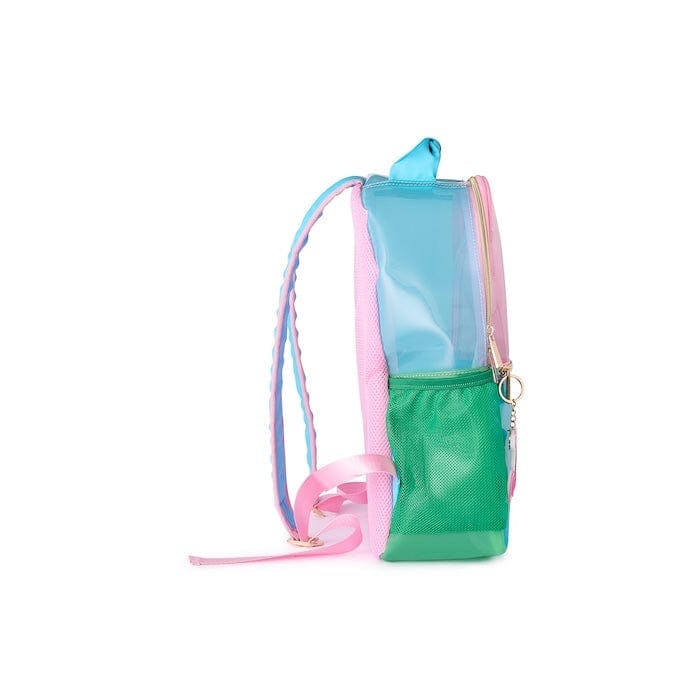 Colorblock Clear Backpack by Packed Party | Pink Glitter Panel, Blue Bow, Cherry Bag Charm | 17" Cute Backpack for Girls