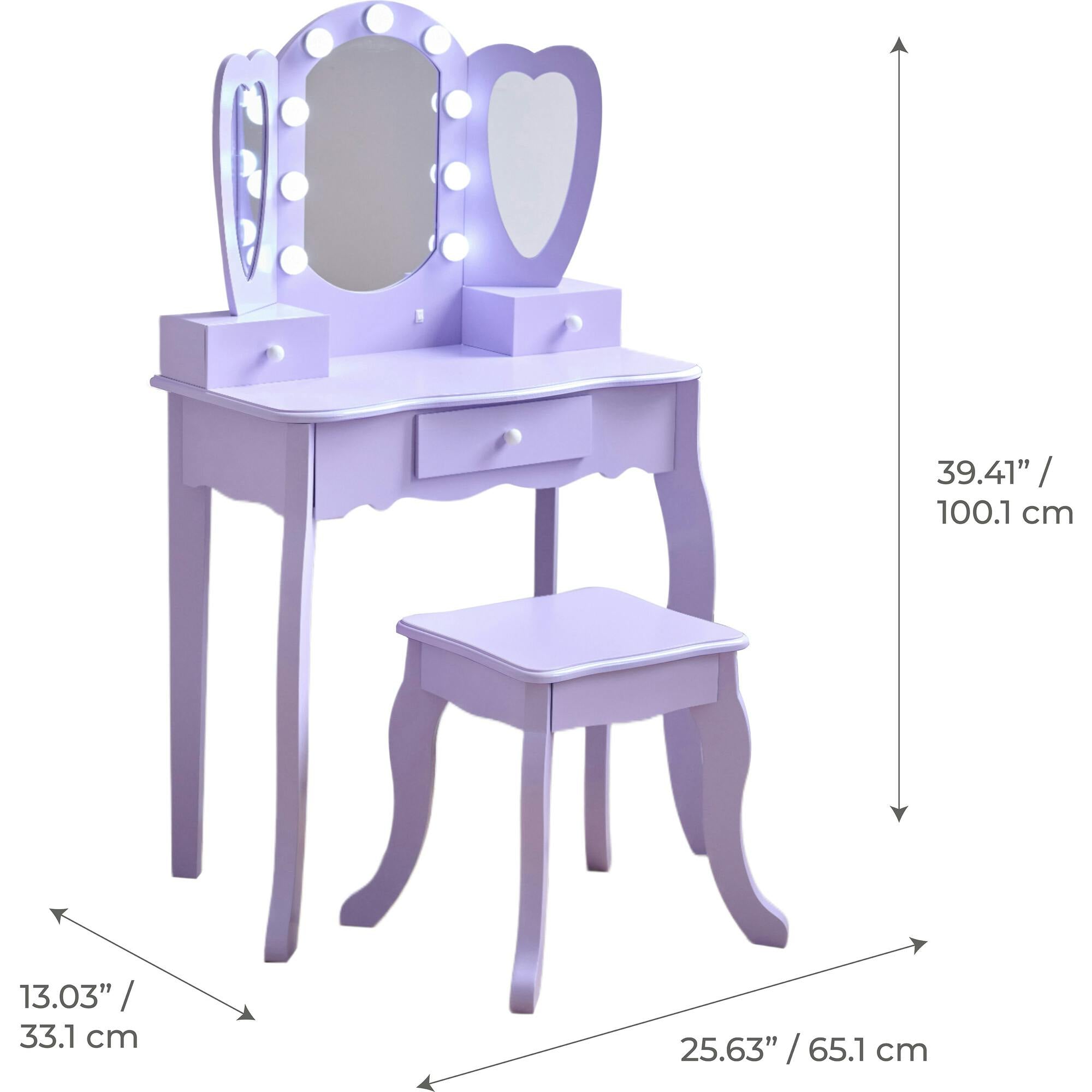 Teamson Kids Heart Glow Wooden Vanity Set With LED Lights Mirror & Stool