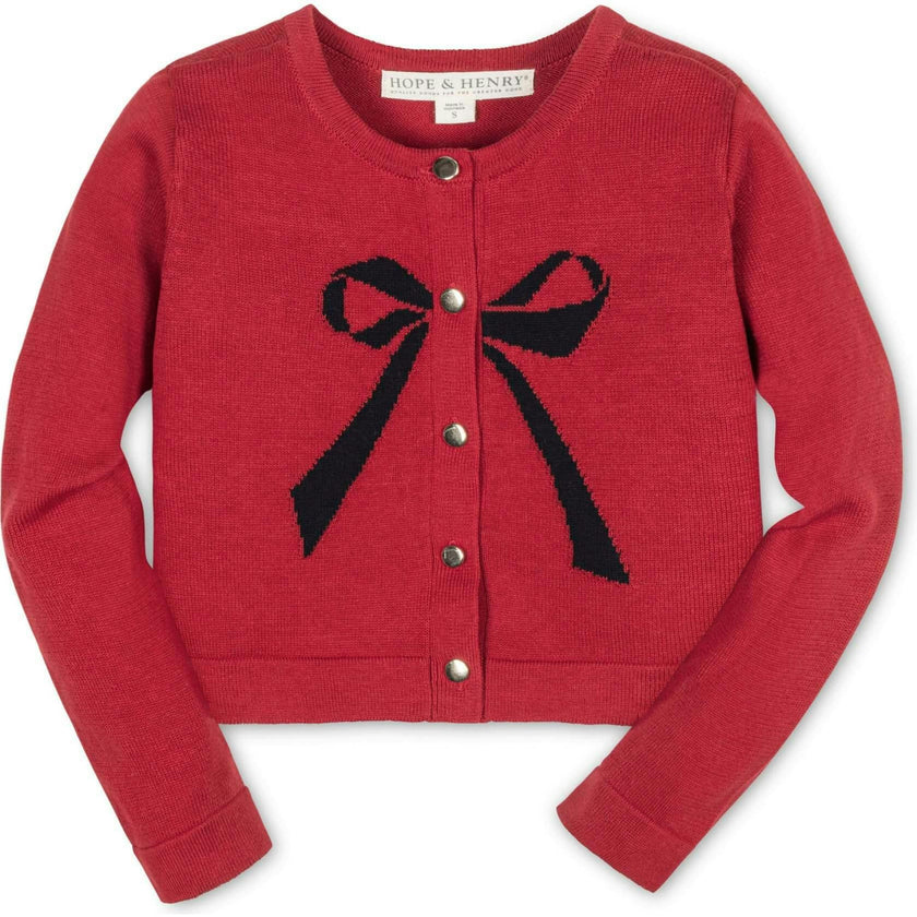 Organic Bow Intarsia Sweater Cardigan, Red