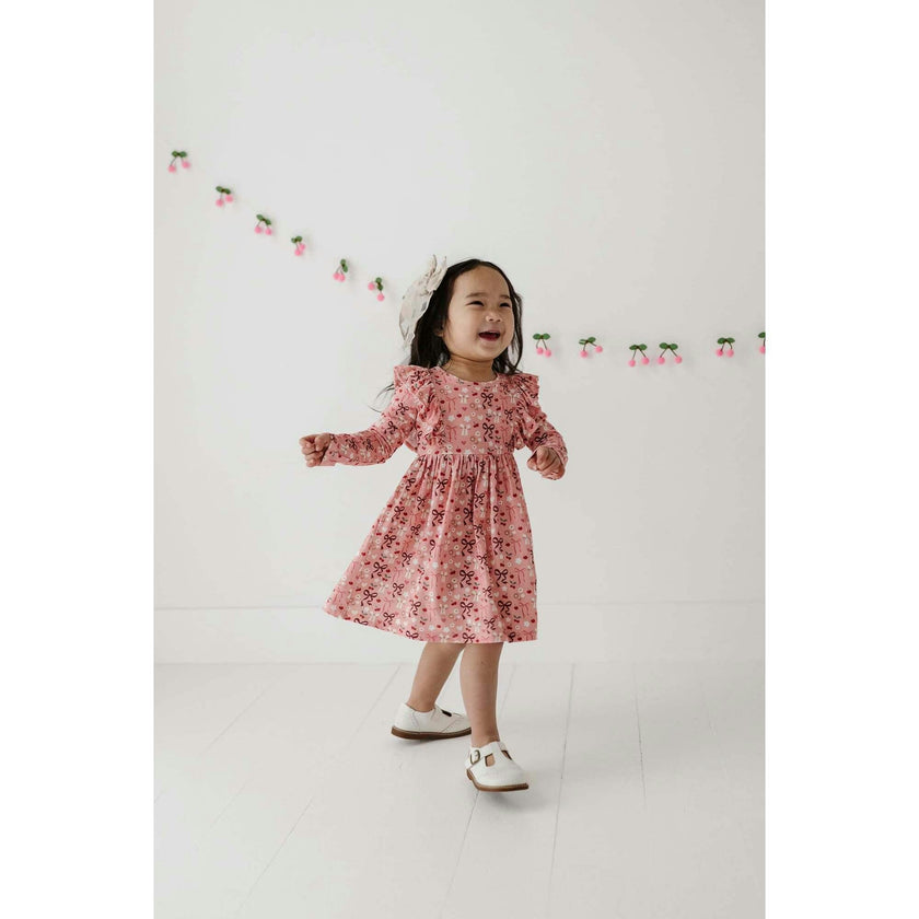 Long Sleeve Ruffle Dress Cherry Hearts
