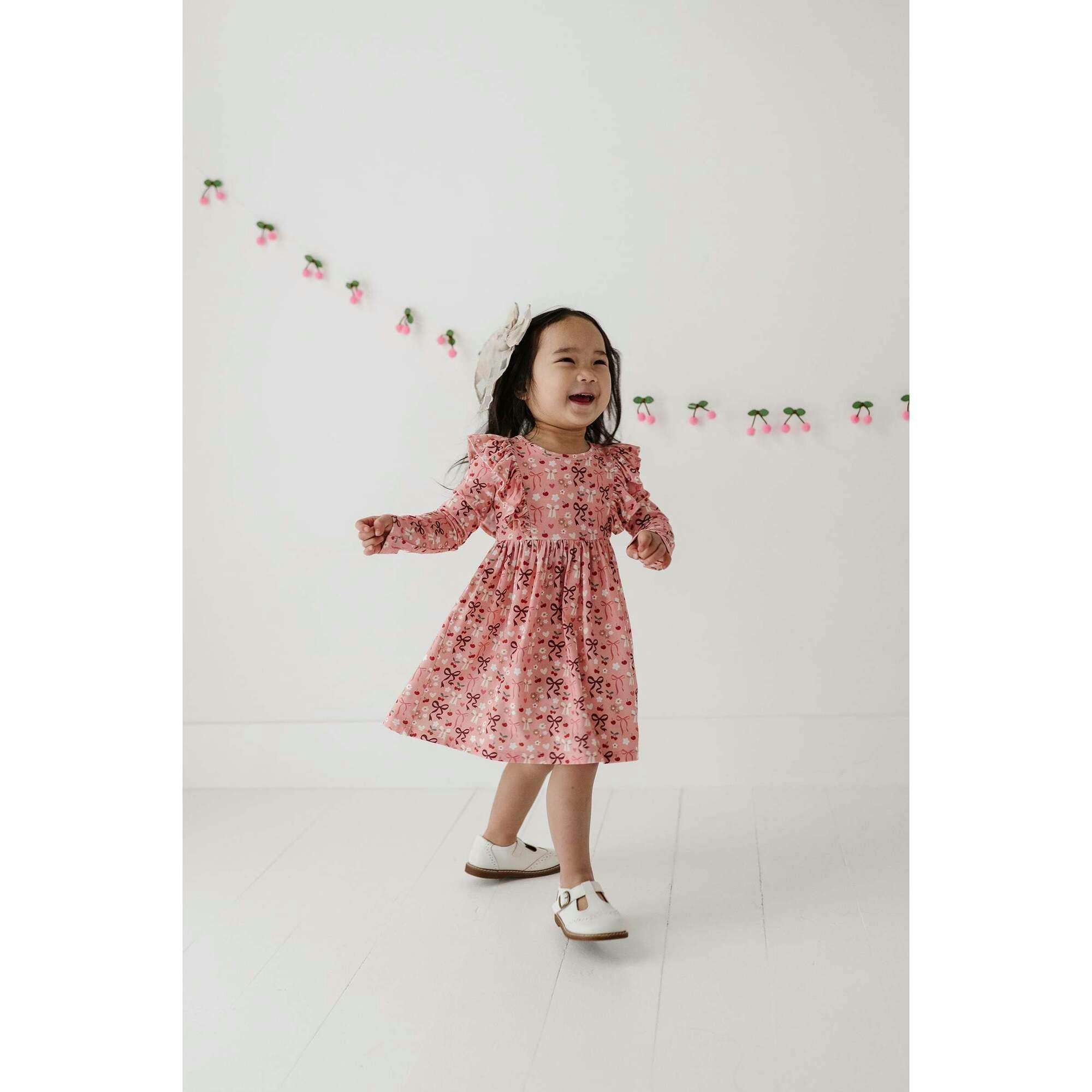 Long Sleeve Ruffle Dress Cherry Hearts