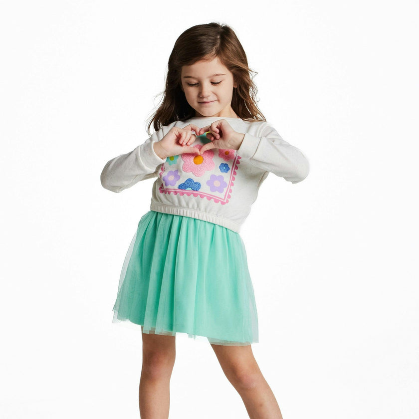 Girls Chenille Floral Sweatshirt & Tulle Tank Dress Set | Aqua