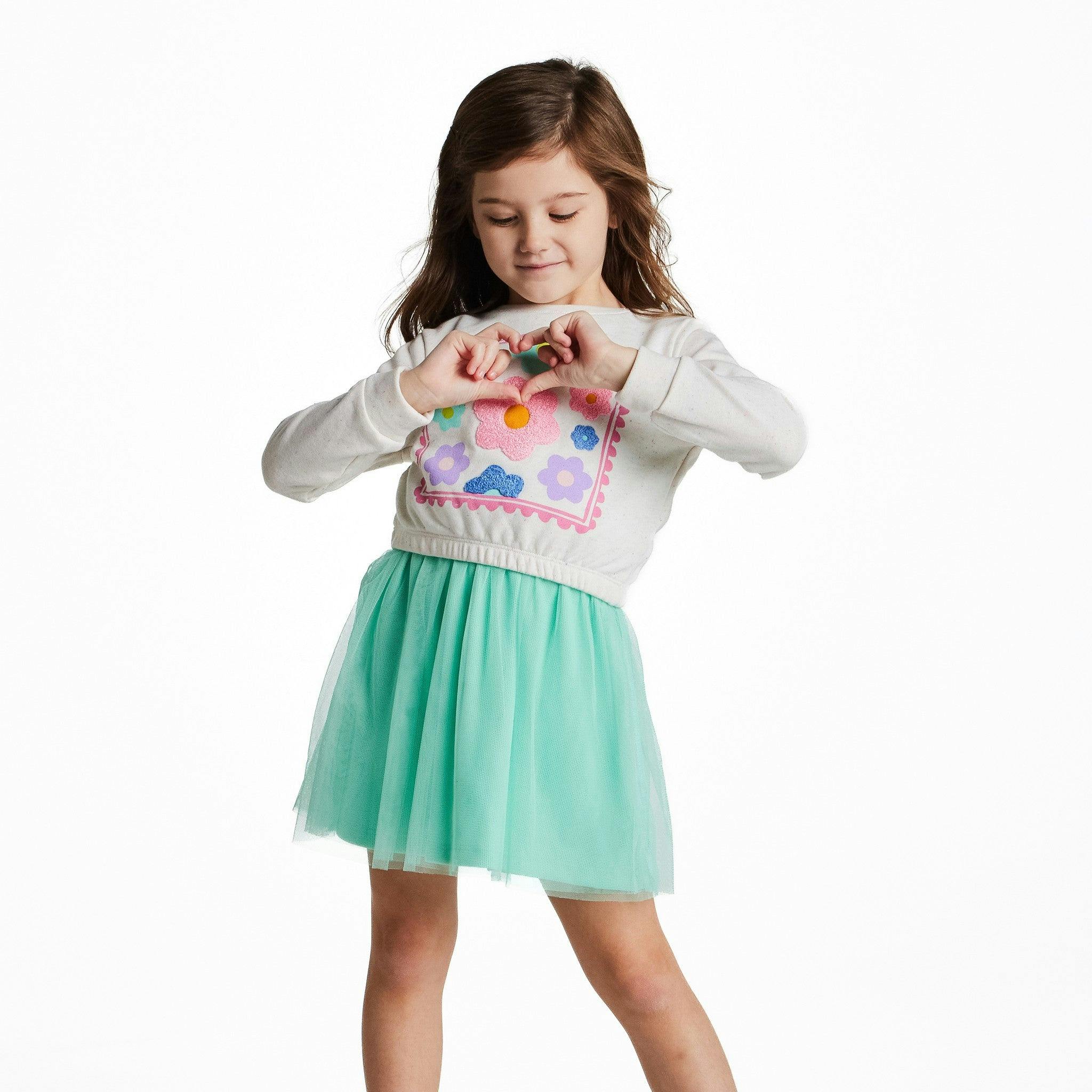 Girls Chenille Floral Sweatshirt & Tulle Tank Dress Set | Aqua
