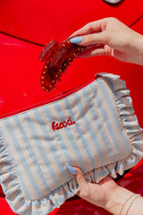 BABY BLUE DENIM STRIPED COSMETIC BAG WITH STAR CHARM