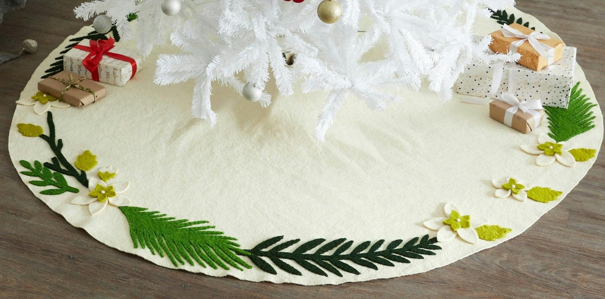 Handmade Christmas Tree Skirt Felt - Greenery Border Cream - 36