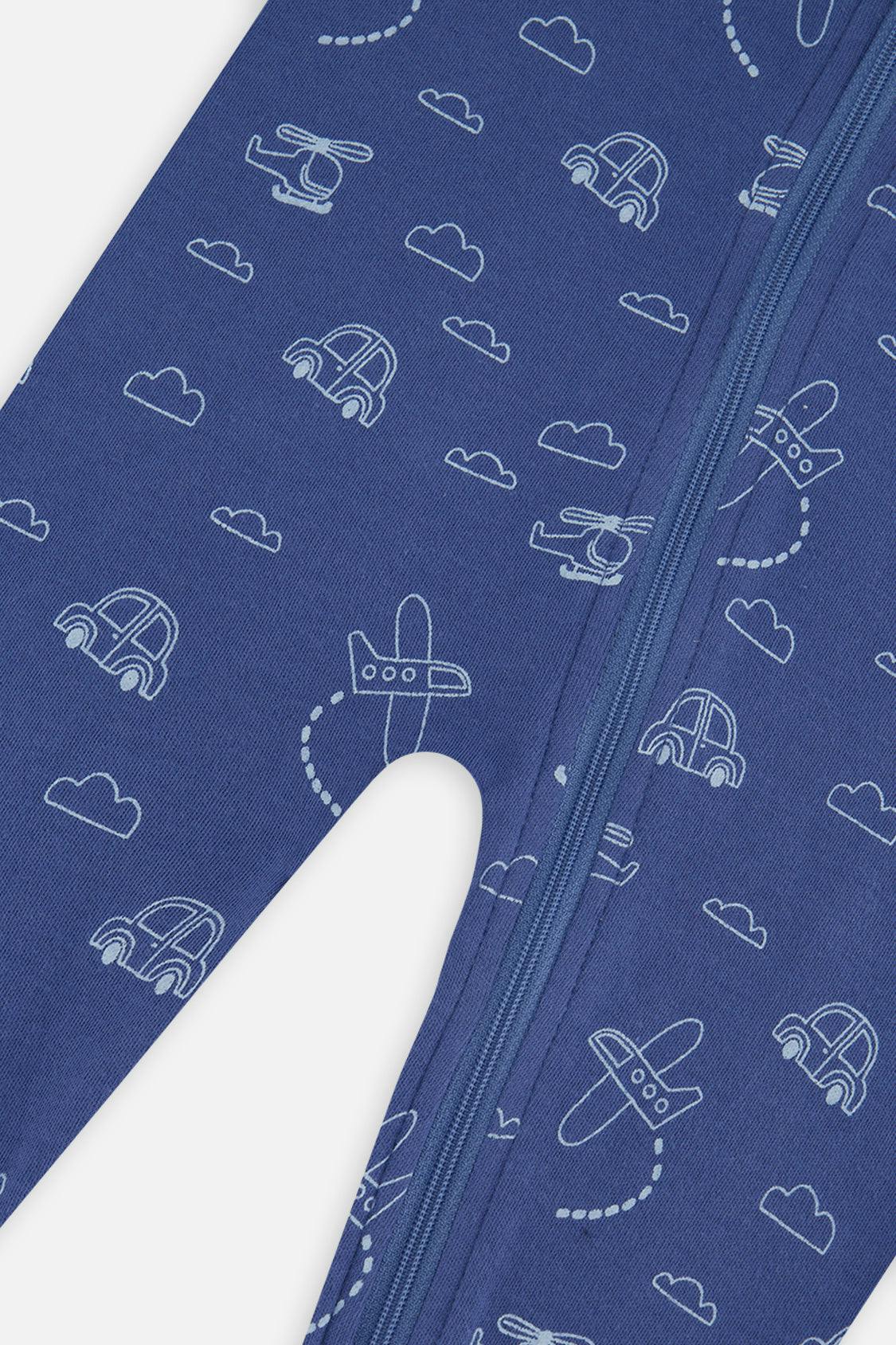 Baby Organic Cotton One Piece Pajama Blue Transport Print