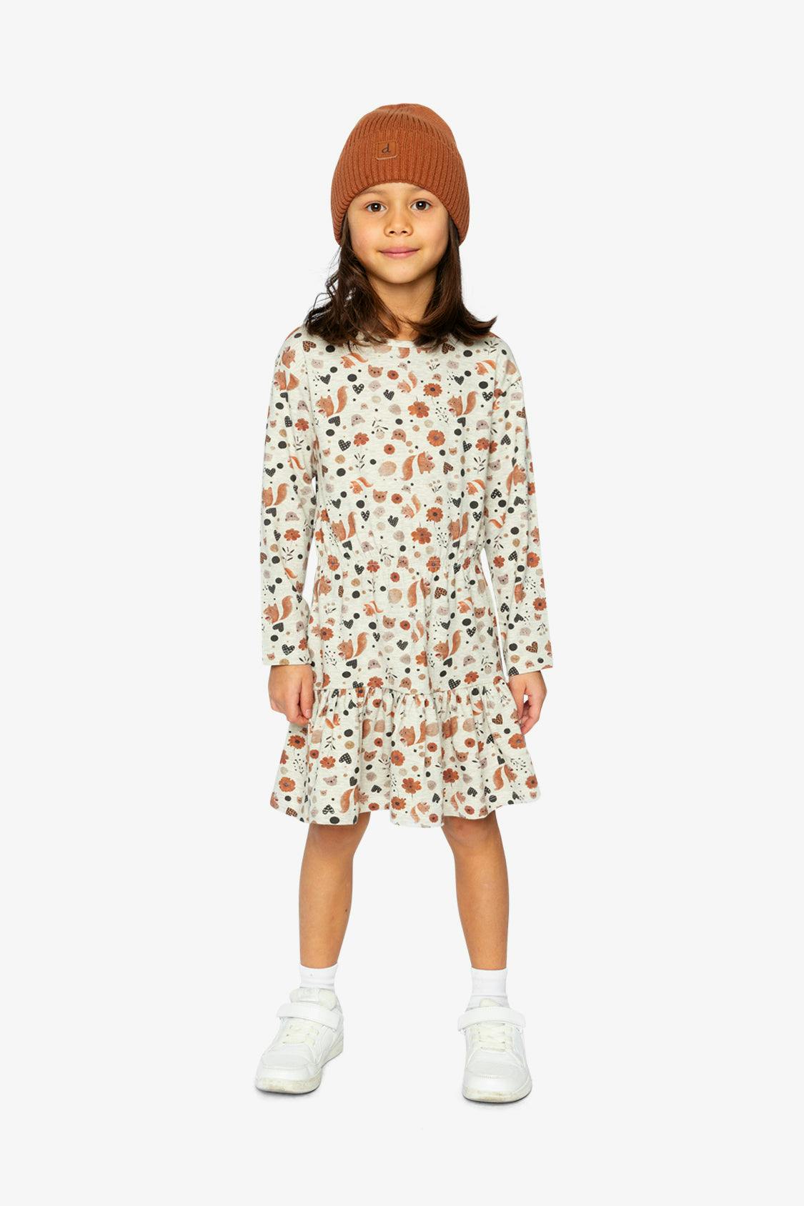 Organic Cotton Dress Beige With Squirrel Print