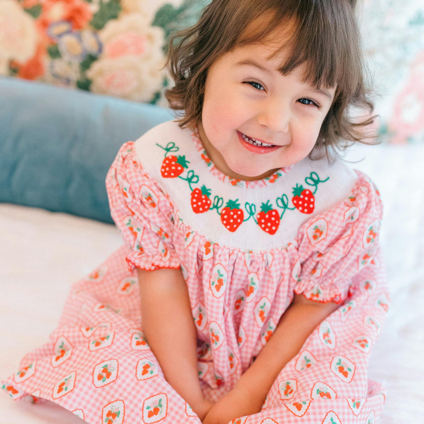 Checkered Strawberry Smocked Dress
