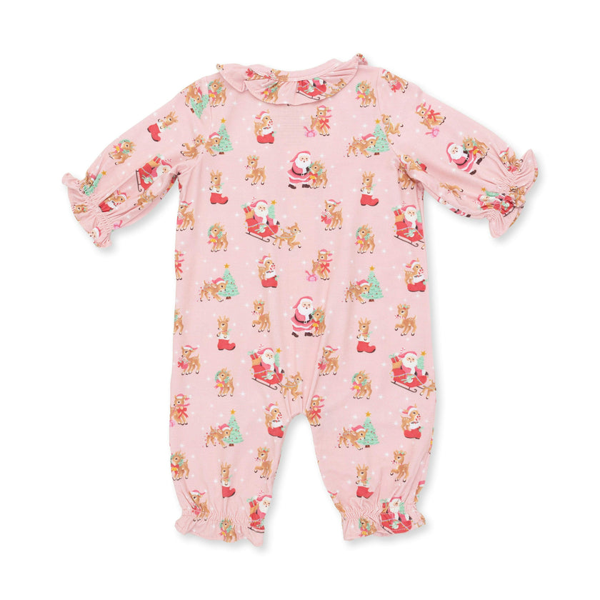 Vintage Reindeer & Santa Pink - Long Sleeve Ruffle Collar Romper