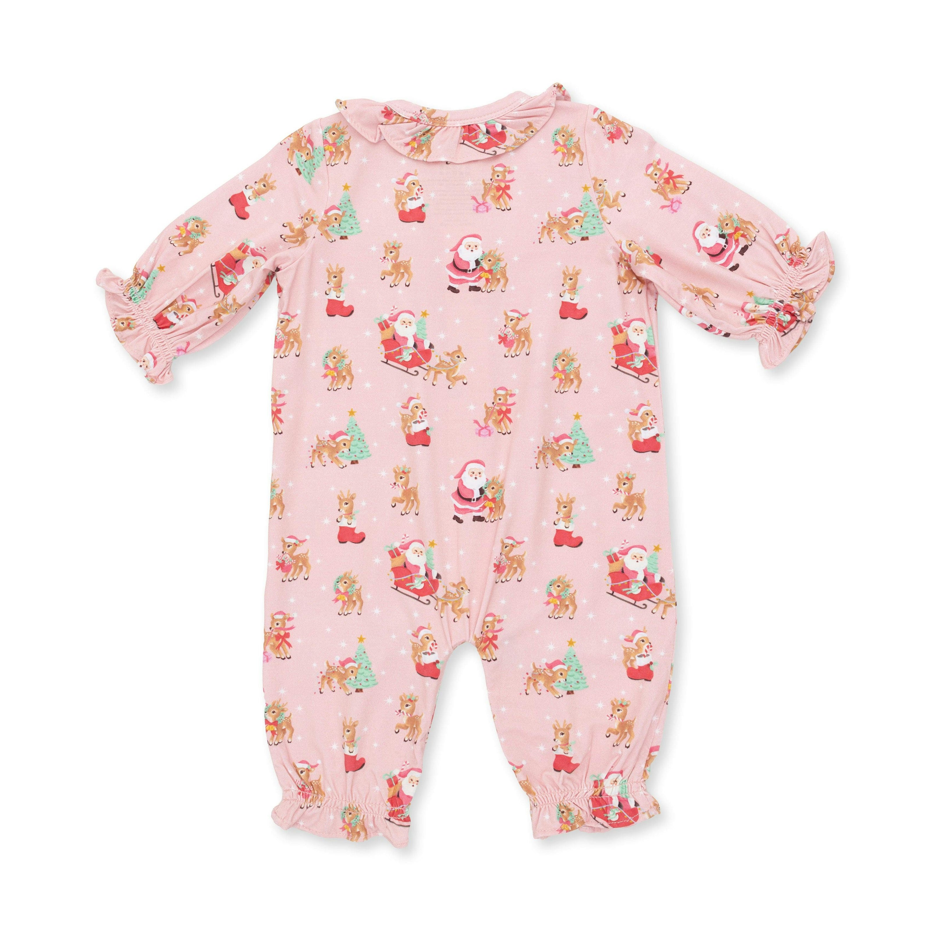 Vintage Reindeer & Santa Pink - Long Sleeve Ruffle Collar Romper