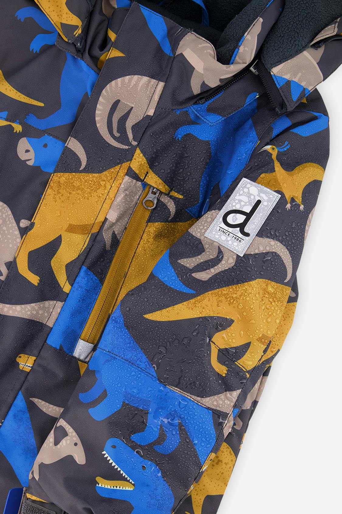 Two Piece Play Snowsuit Grey and Blue Dinosaur Print with Yellow Pants