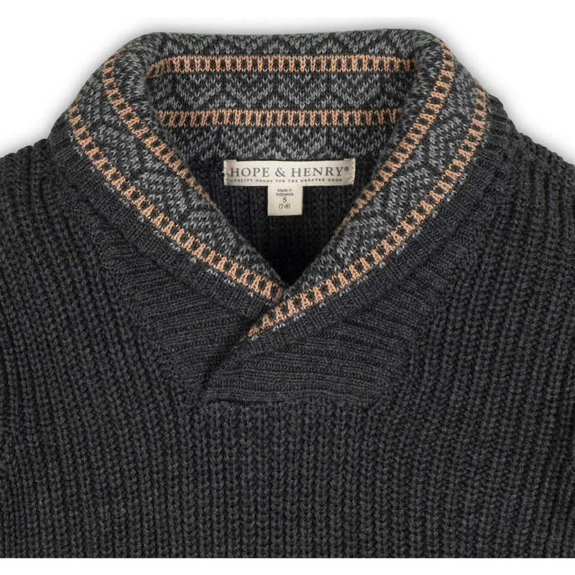 Organic Long Sleeve Shawl Collar Sweater with Intarsia Detail, Grey