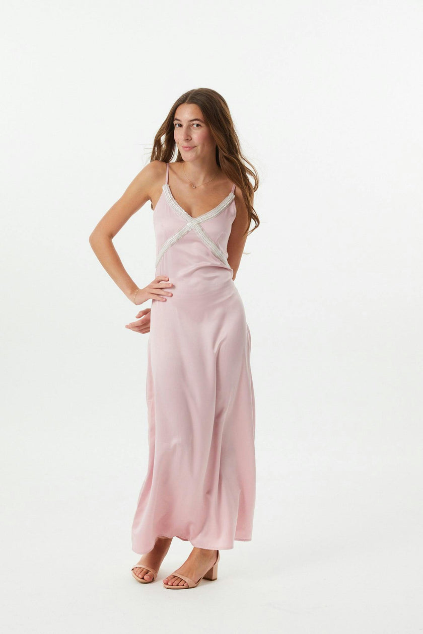 Miller Mauve Satin Maxi Dress With Lace Trim
