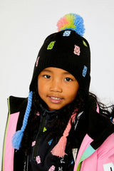 Winter Peruvian Knit Hat With Pompom Black, Pink, Blue And Green