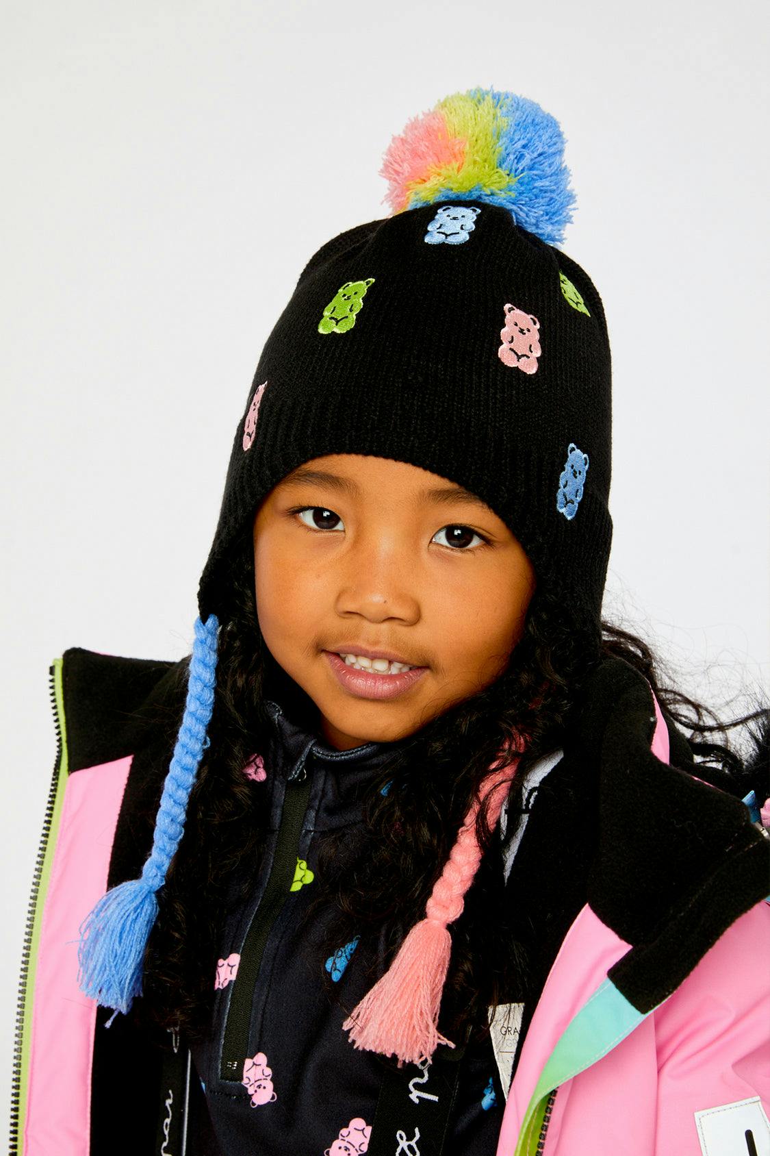 Winter Peruvian Knit Hat With Pompom Black, Pink, Blue And Green