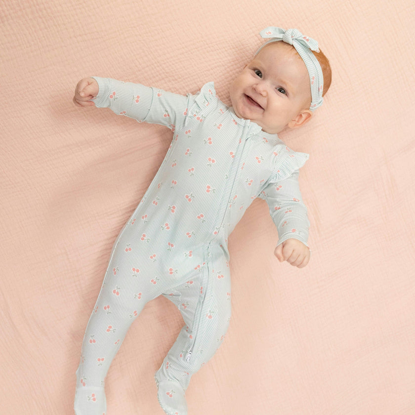 Tiny Cherry Stripe - 2 Way Ruffle Sleeve Zipper Footie