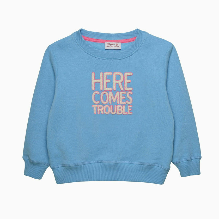 Women's Here Comes Trouble Sweatshirt in Blue/Pink