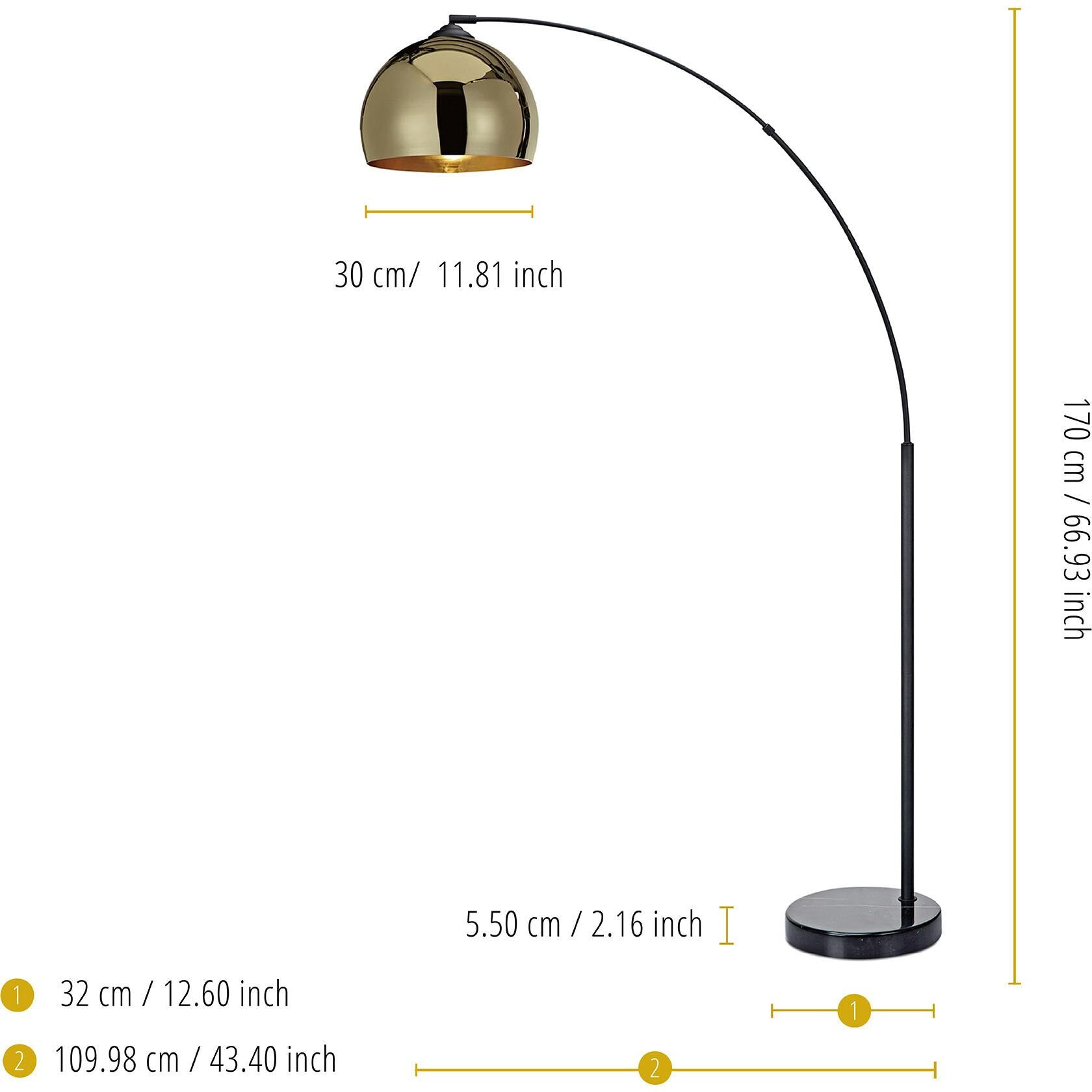 Arquer Arc Floor Lamp With Gold Shade And Black Marble Base