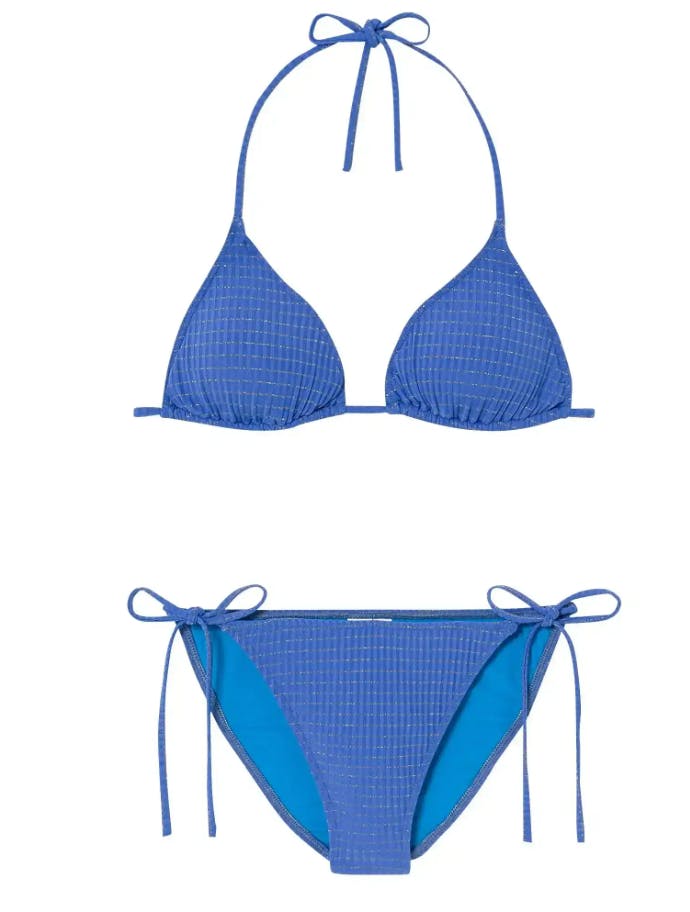 Girls' triangle two-piece swimsuit blue, blue/gold | CALYPSO 2P TRIANGLE