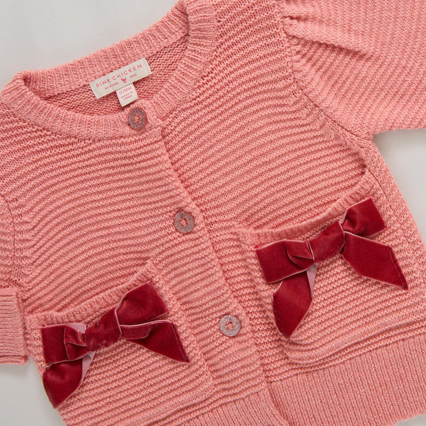 Baby Girls Bow Pocket Sweater - Red Velvet Bows