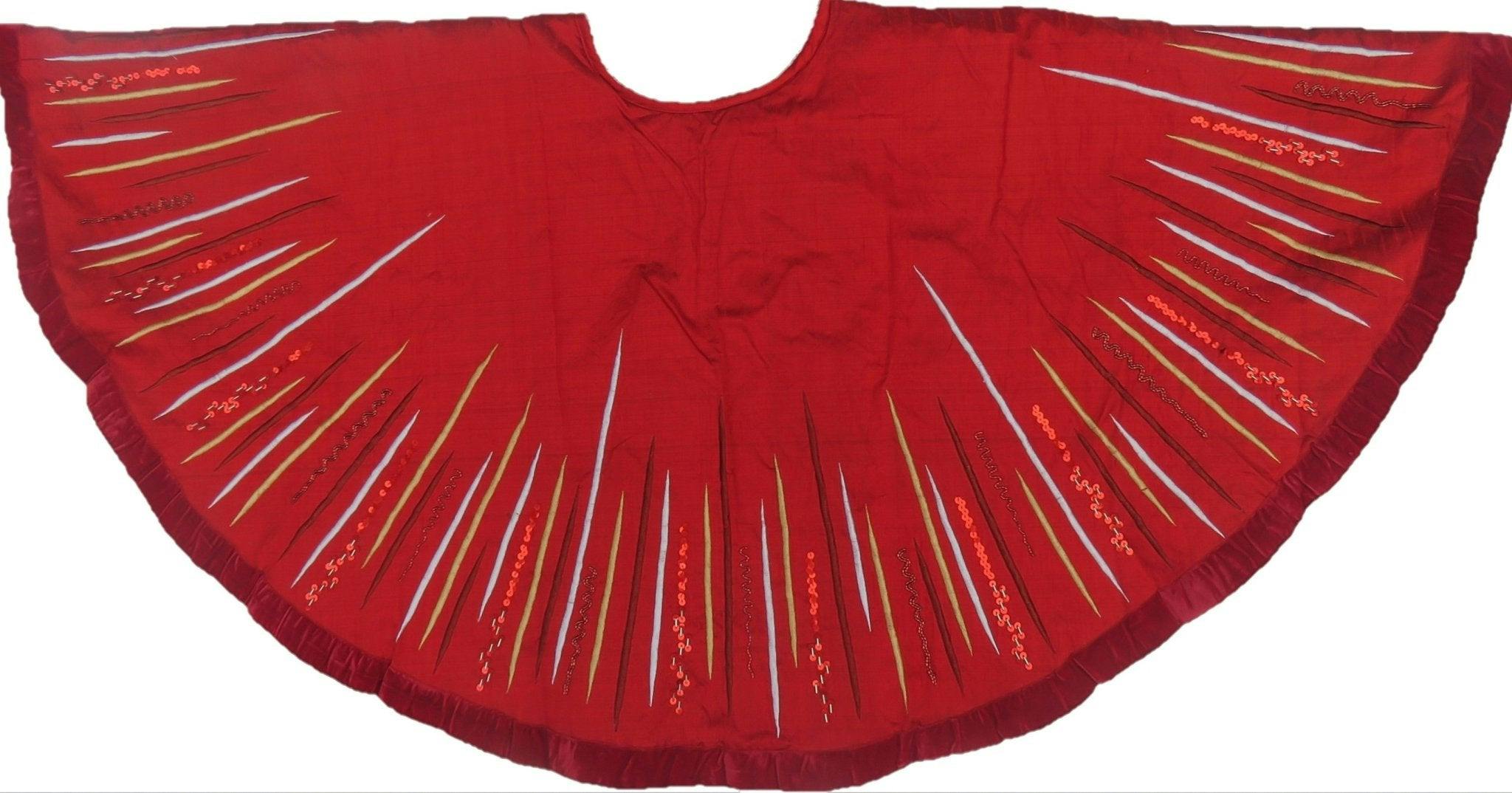 Hand Beaded Starburst Christmas Tree Skirt Red Silk - 60