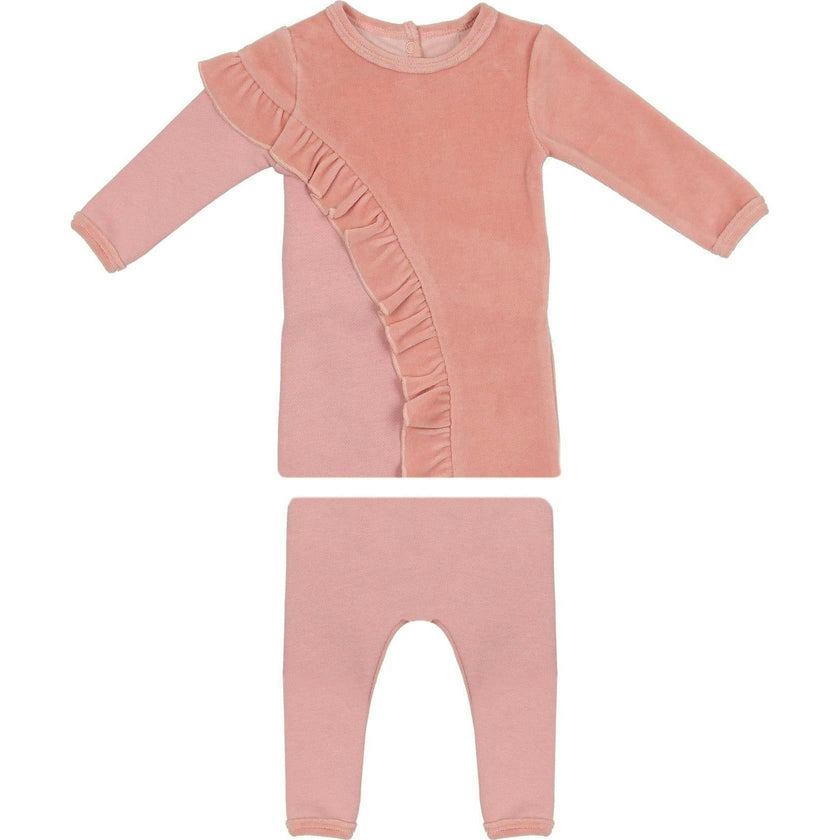Velour French Terry Ruffle Long Sleeve Top & Pant 2-Piece Set