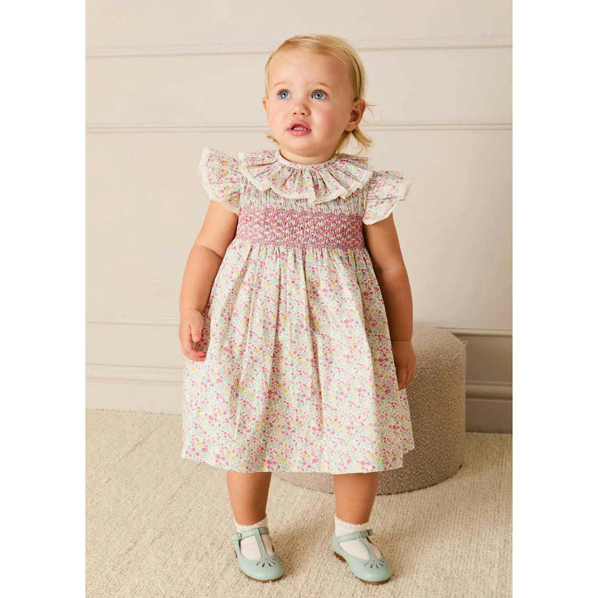 Adelaide Floral Hand Smocked Ruffle Collar Cap Sleeve Dress in Pink (12mths-6yrs)