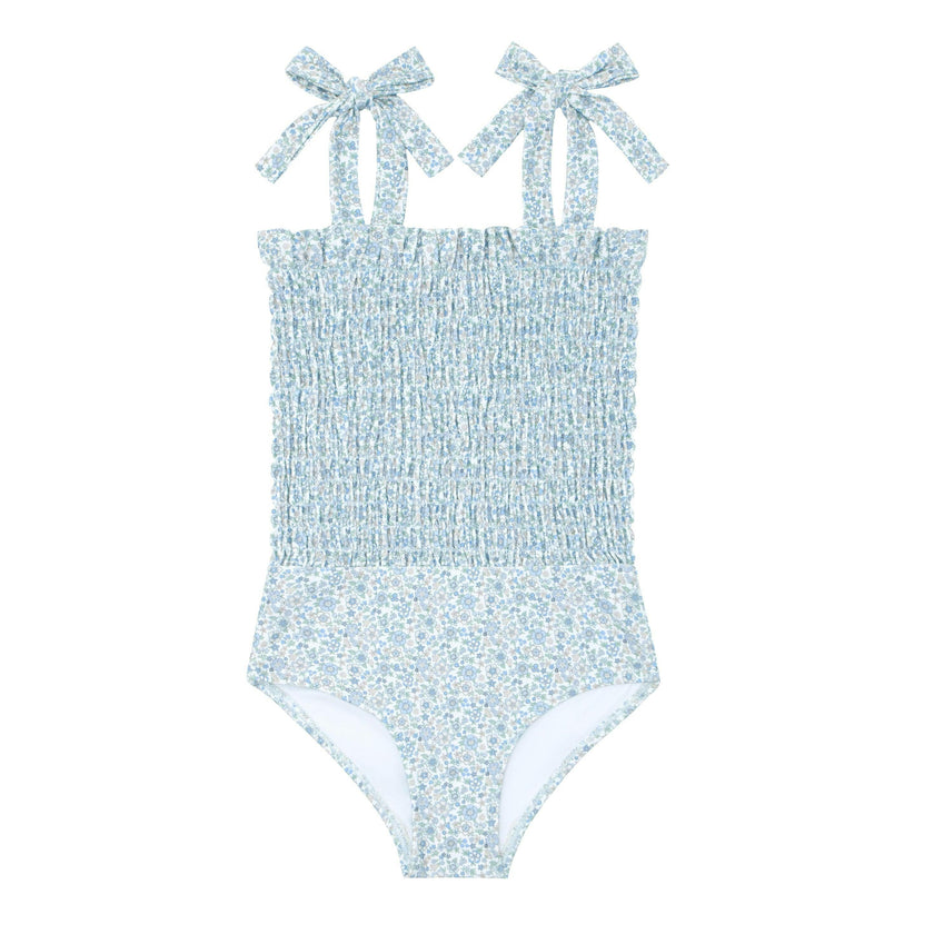 girls slate floral tie smocked one piece