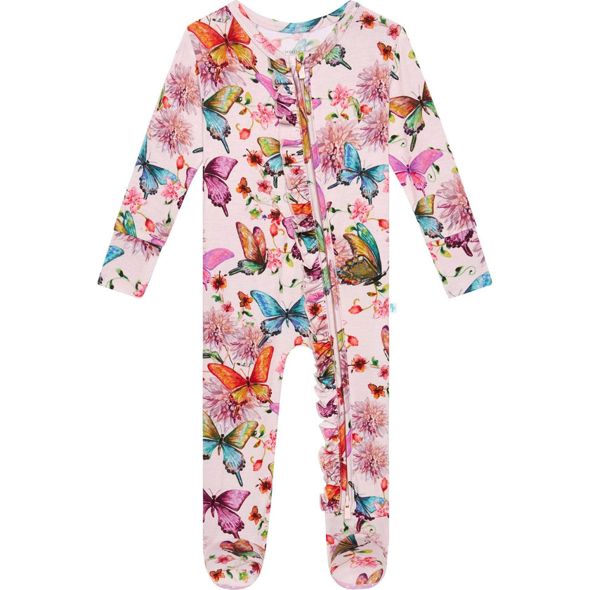 Watercolor Butterfly Footie Ruffled Zippered One Piece