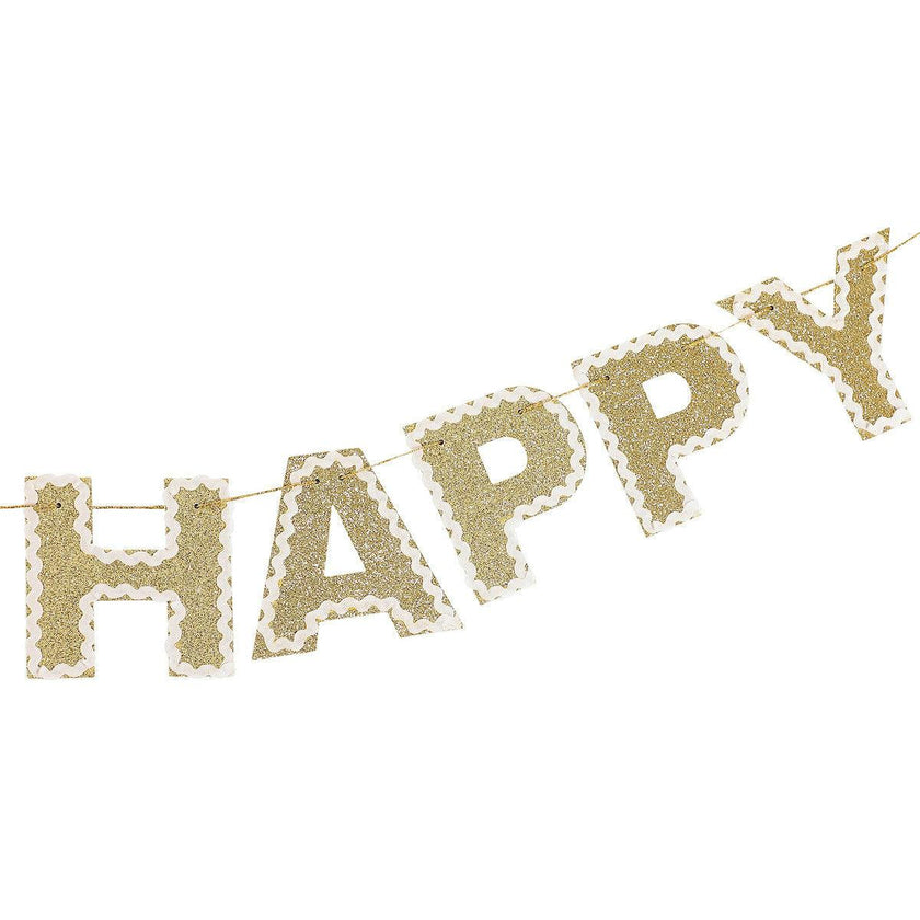 Packed Party Happy Birthday Gold Shimmer Reusable Banner - 80-Inch Glitter Gold Felt Letters with Ric Rac Trim for Birthday Parties and Celebrations