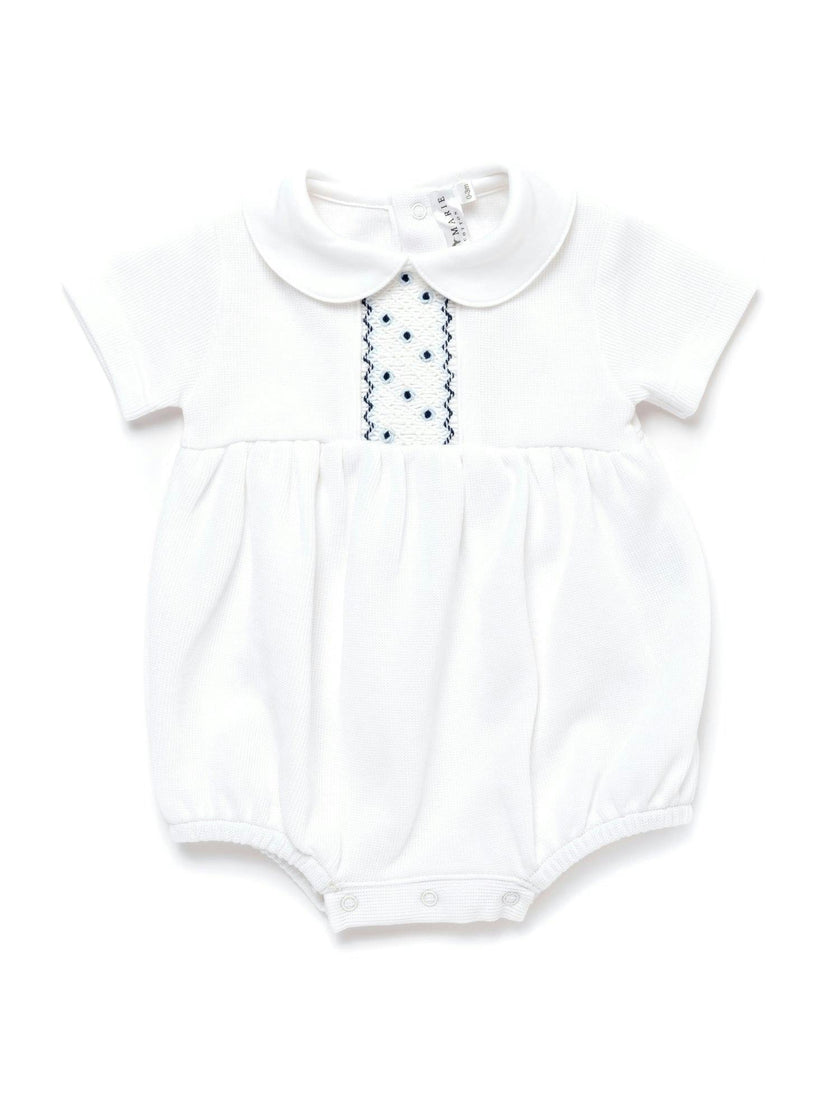 Oliver Hand Smocked Special Knit Bubble | White/Lt Blue