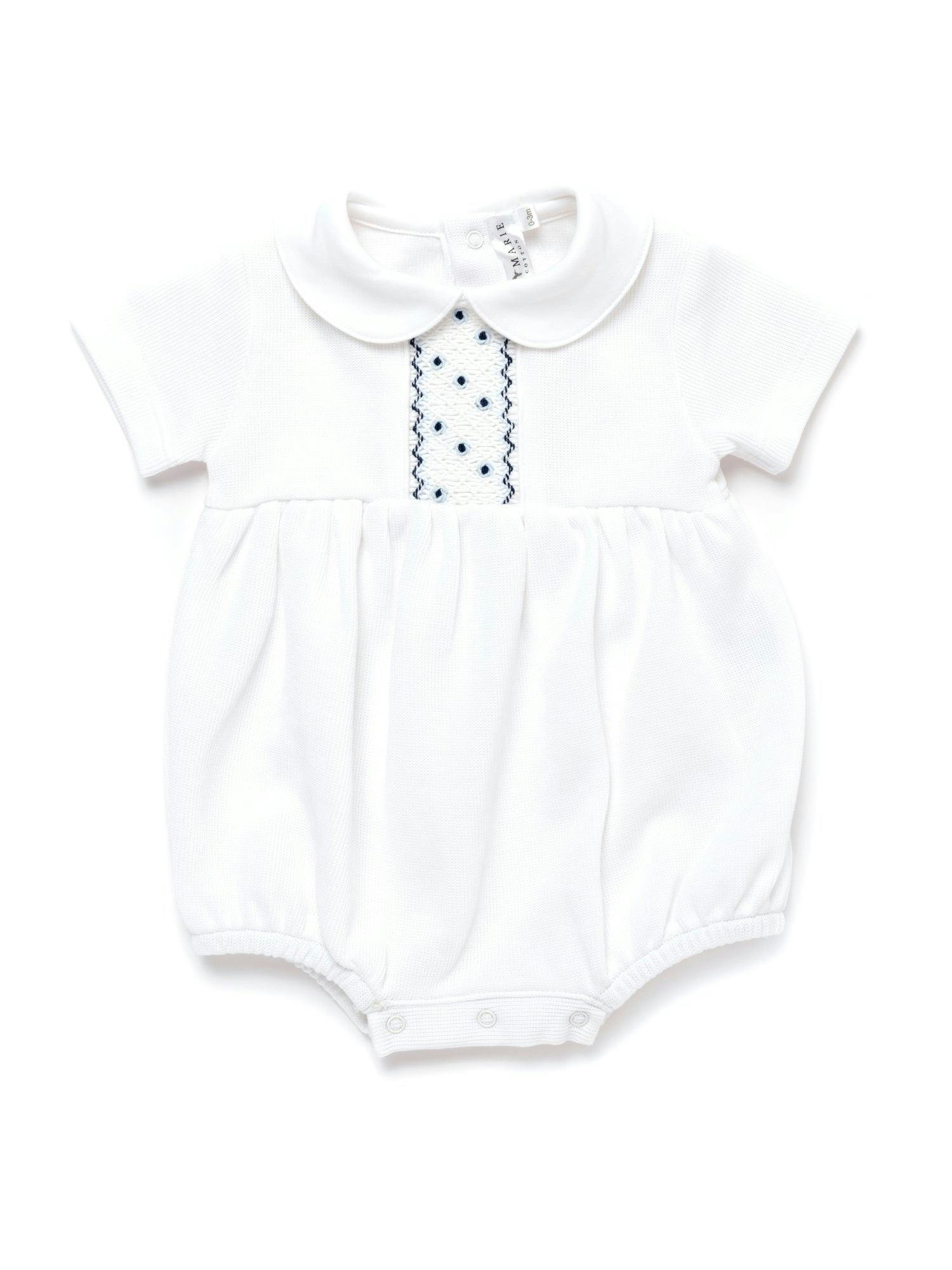 Oliver Hand Smocked Special Knit Bubble | White/Lt Blue