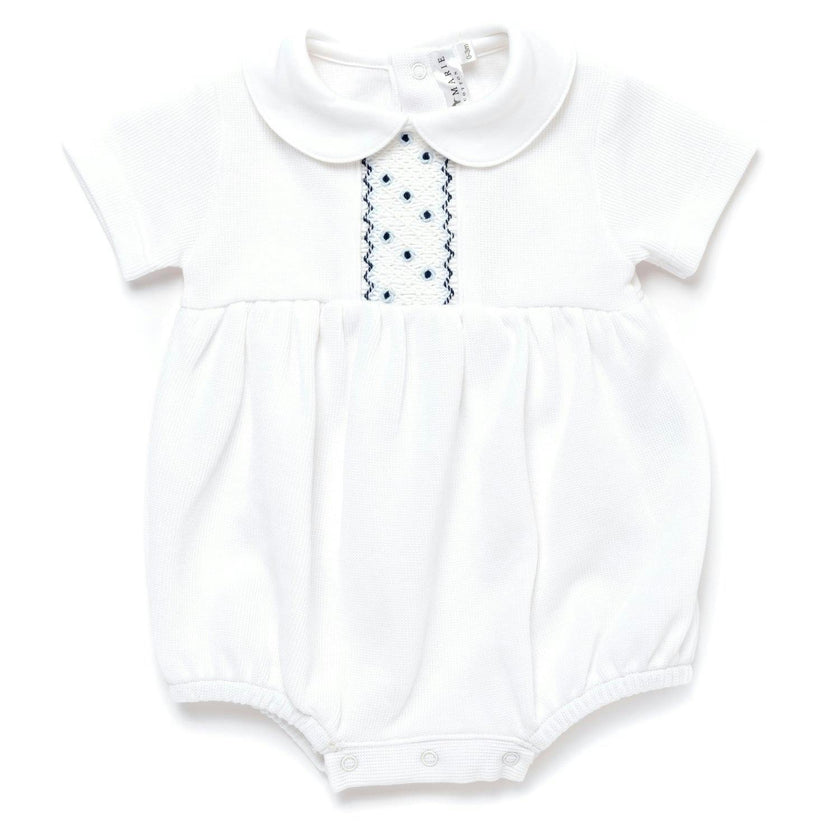 Oliver Hand Smocked Special Knit Bubble | White/Lt Blue