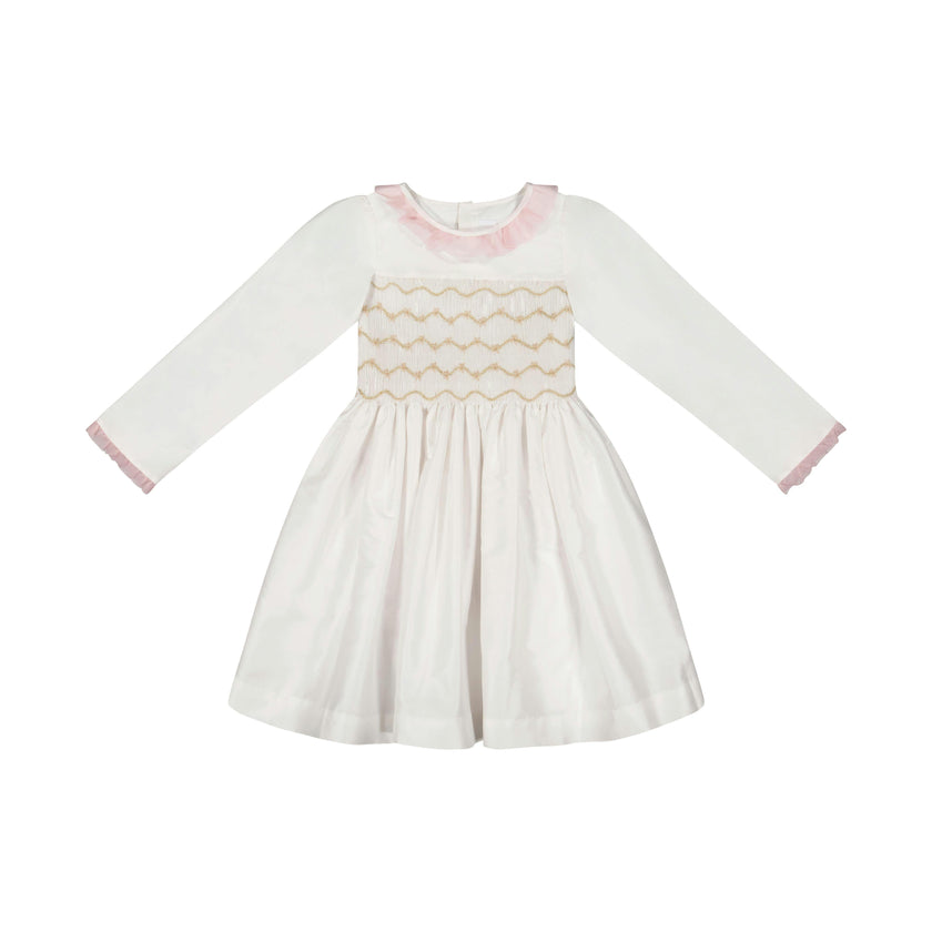 Sofia White Taffeta Long Sleeve Smocked Dress