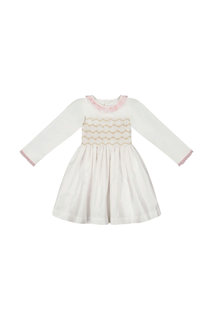 Sofia White Taffeta Long Sleeve Smocked Dress