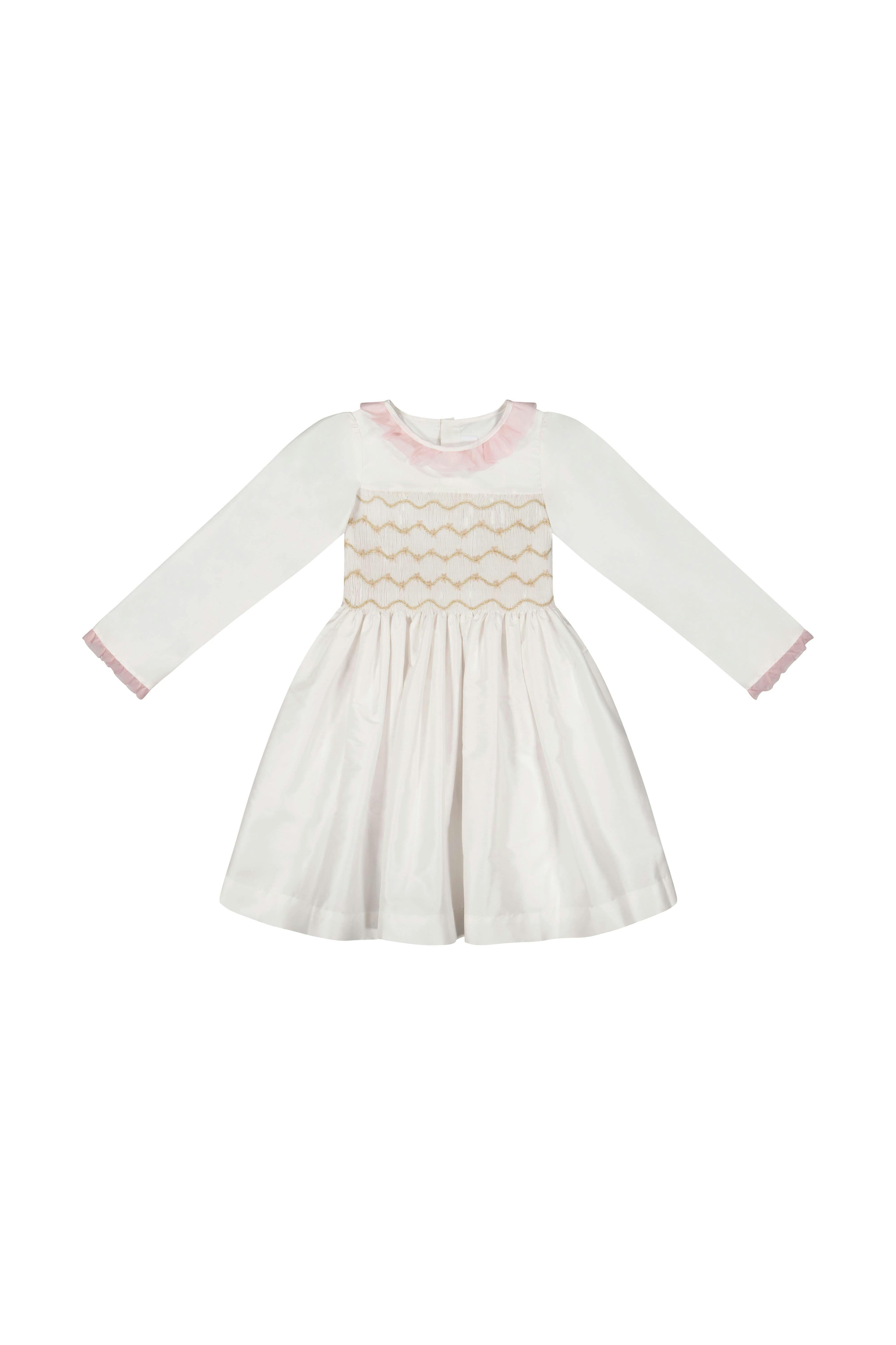 Sofia White Taffeta Long Sleeve Smocked Dress