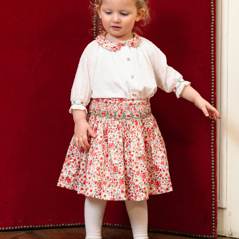 Marie Red Floral Smocked Skirt and Blouse Set