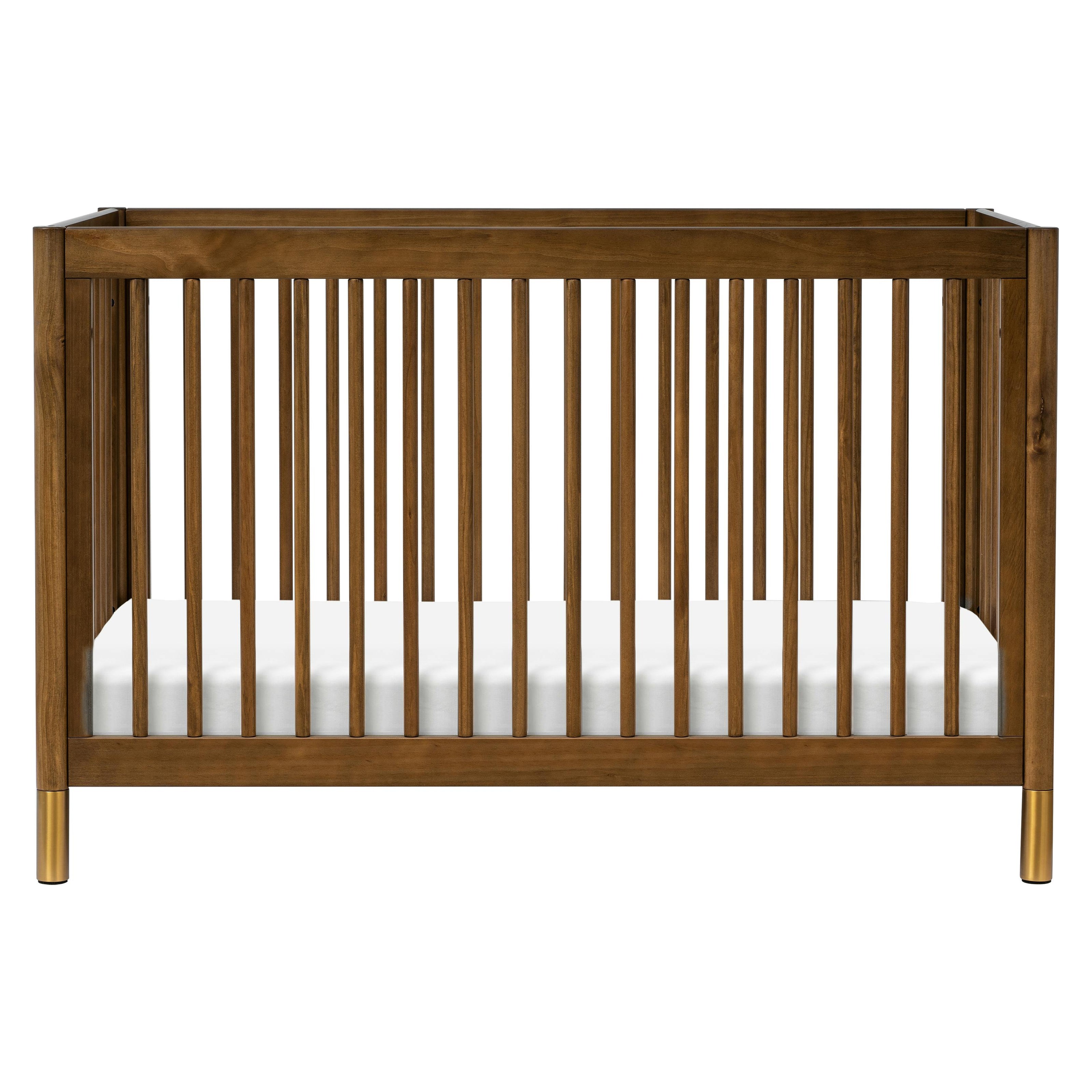 Gelato 4-in-1 Convertible Crib with Toddler Bed Conversion Kit in Natural Walnut & Gold Feet