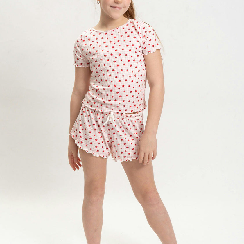 Girls Strawberry Print Short Sleeve Top and Shorts Set