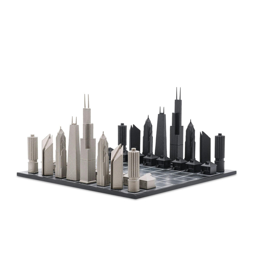 Chess Set Stainless Steel CHICAGO with Wood Map Board