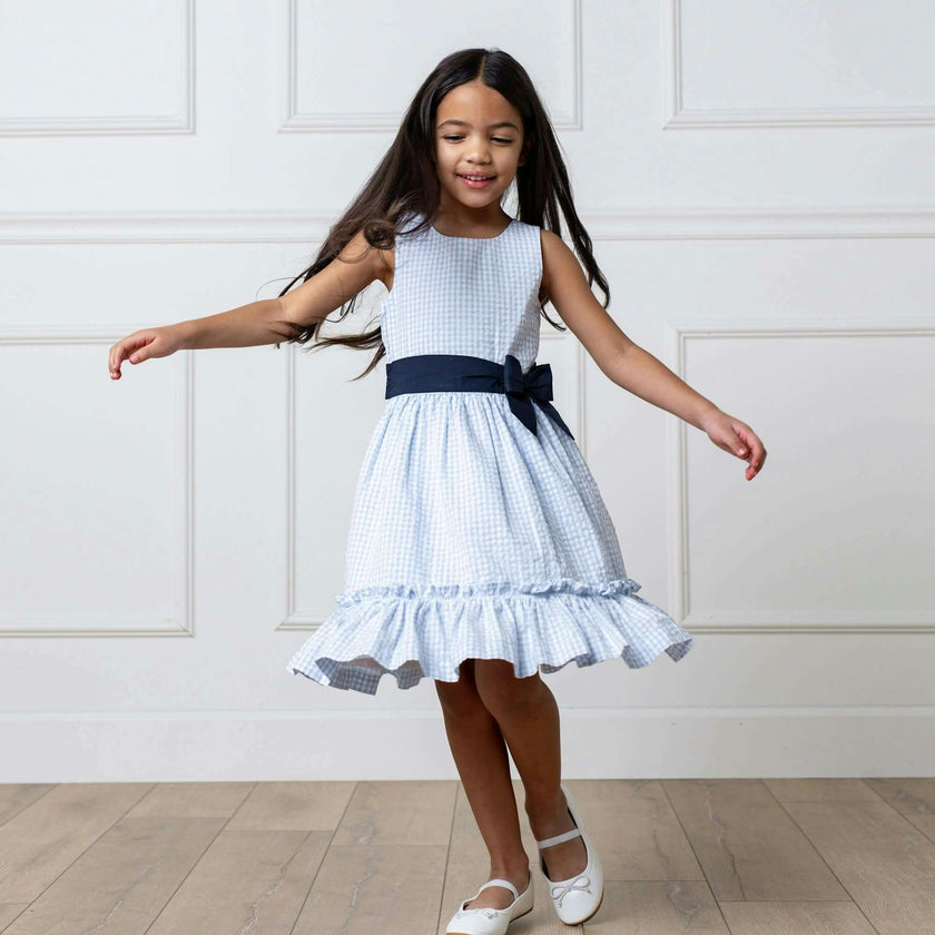 Organic Sleeveless Special Occasion Seersucker Party Dress with Cross Back, Blue